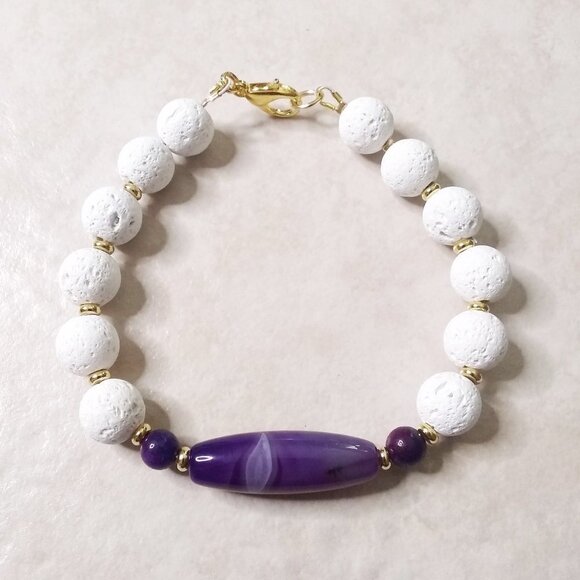 Purple Banded Agate + White Lava Rock - Chunky Bracelet for Larger Wrists 8" - Picture 1 of 9
